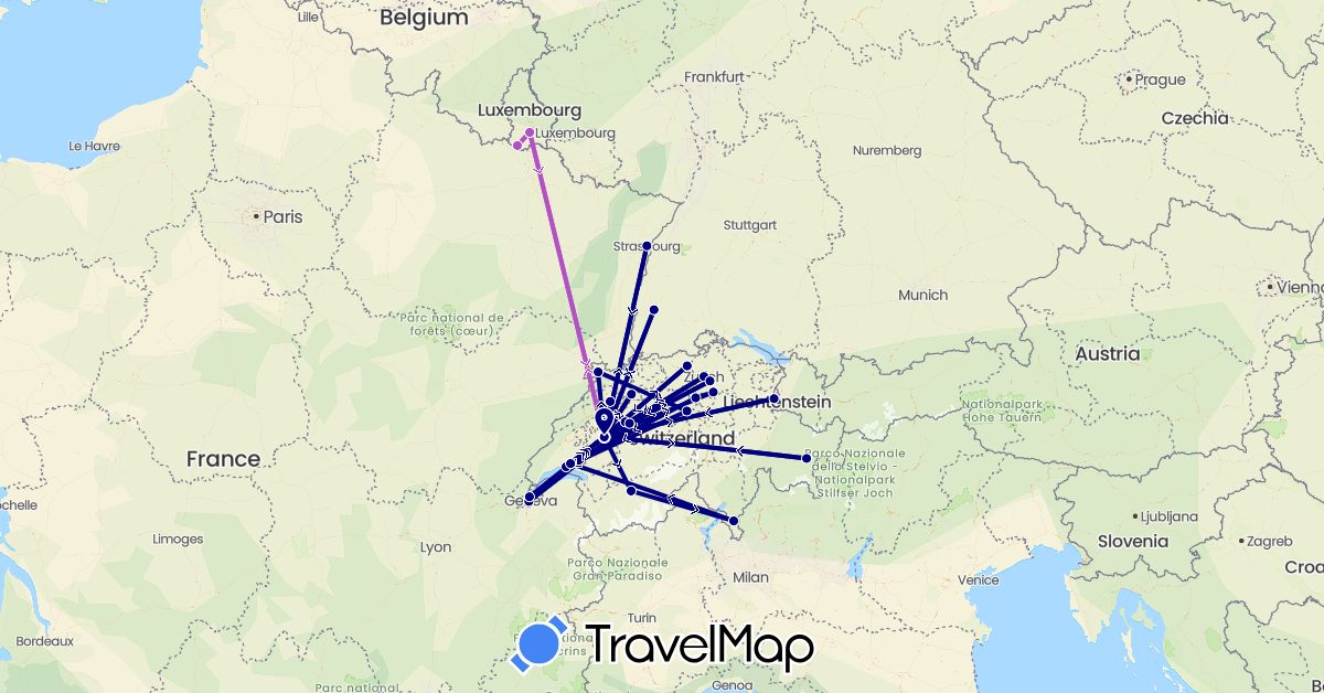 TravelMap itinerary: driving, train in Switzerland, Germany, France, Liechtenstein, Luxembourg (Europe)
