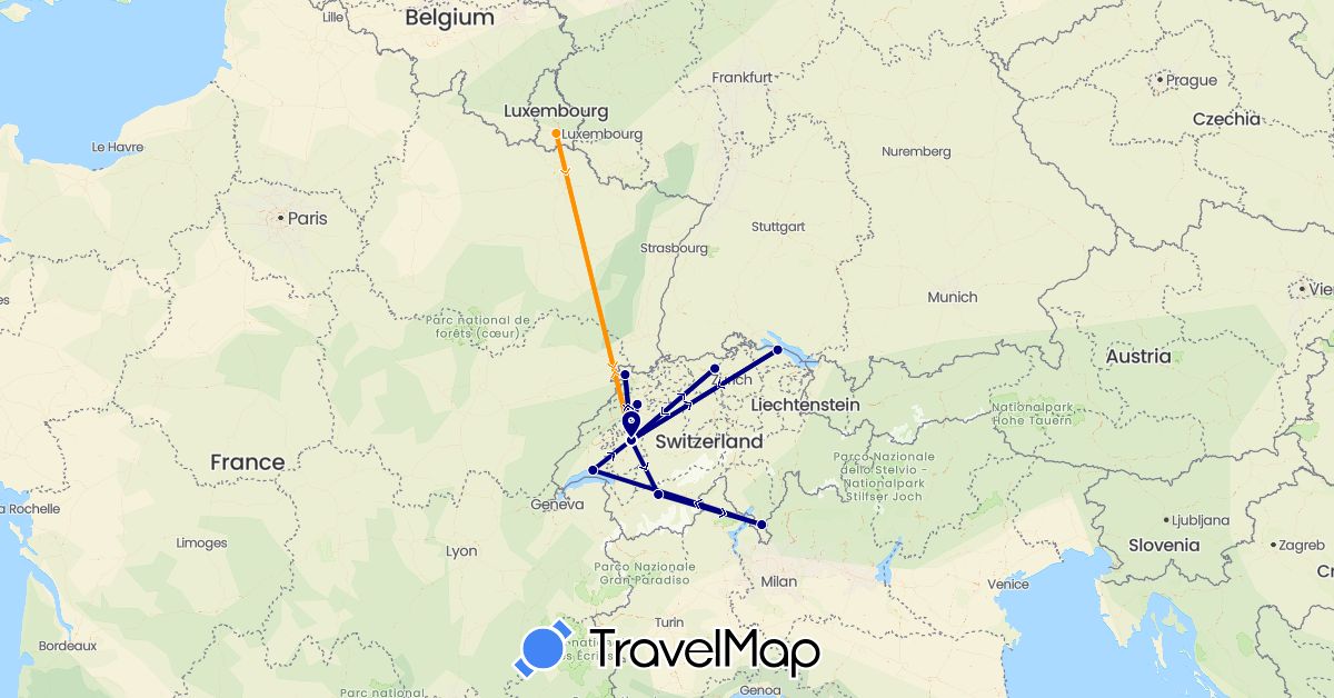 TravelMap itinerary: driving, hitchhiking in Switzerland, Luxembourg (Europe)